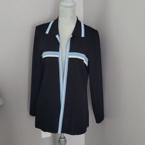Misook Black Open Front Knit Cardigan Jacket Blue Stripe Trim Size M